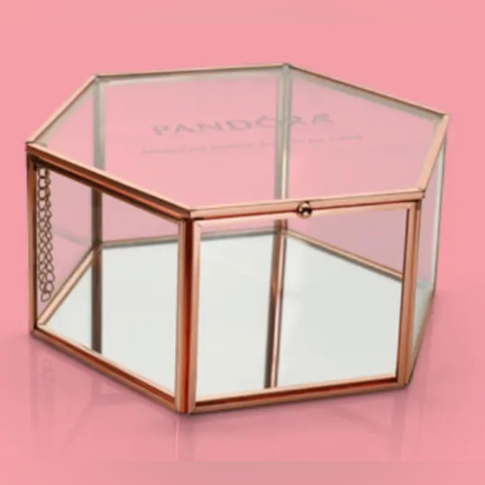 PANDORA Glass Jewelry Storage Box Octagon Copper Collectible Piece 2017 EUC